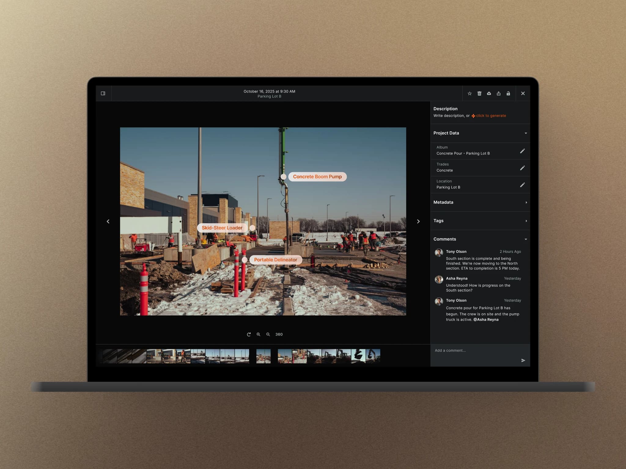 Construction photo viewer concept showing searchable project metadata