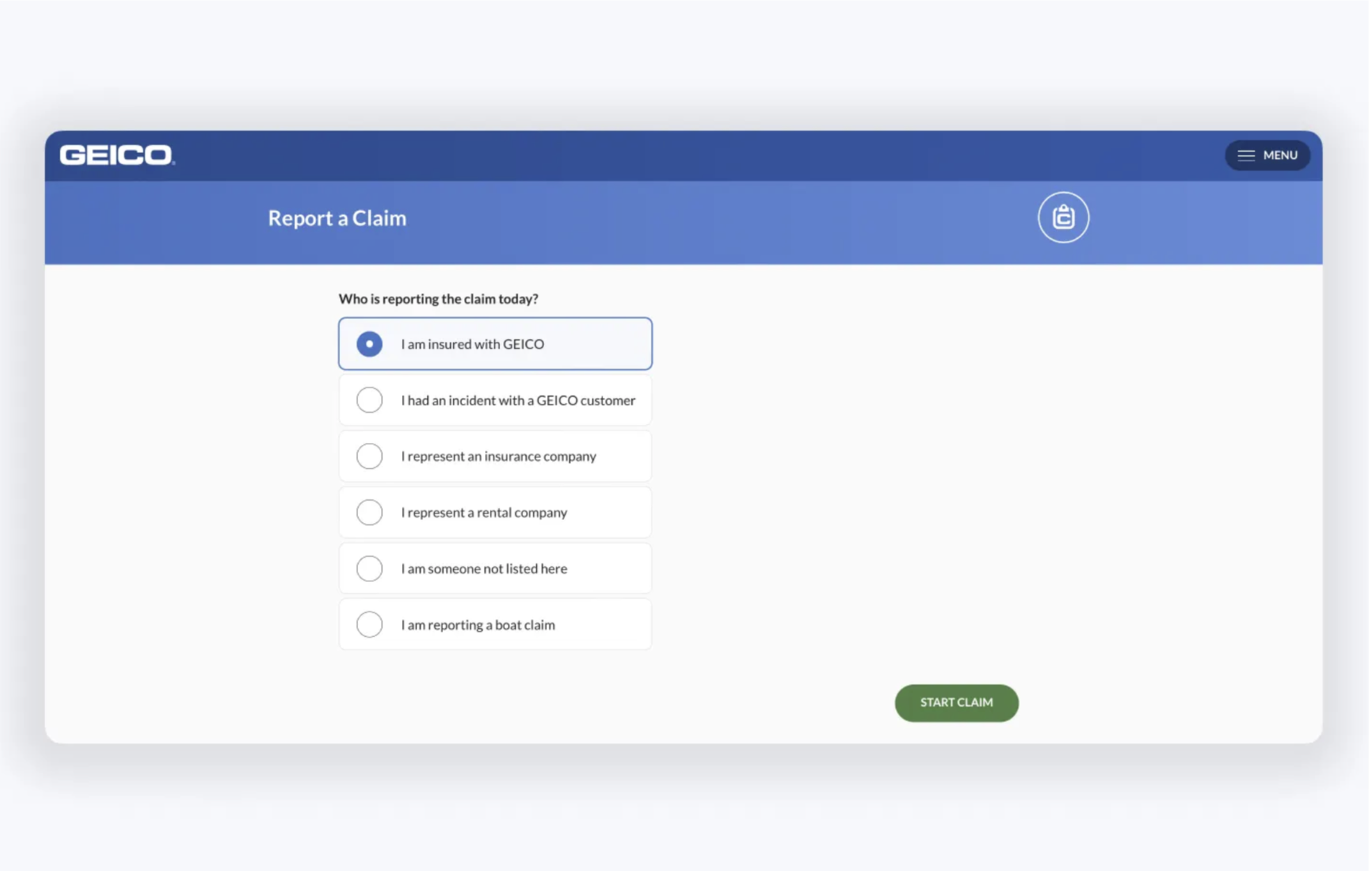 GEICO report-a-claim experience showing visual answer cards