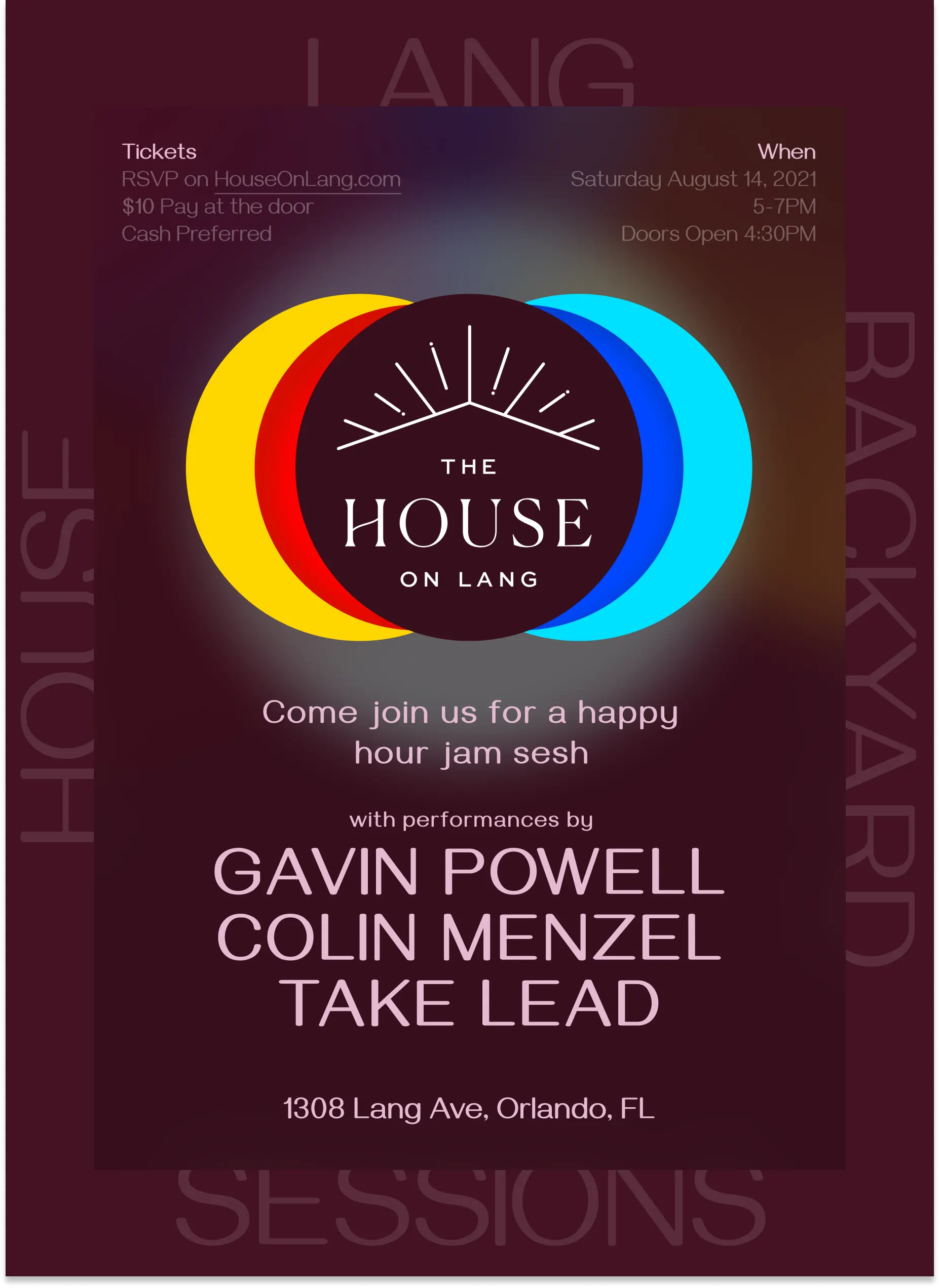 Poster for an upcoming live music show at House on Lang