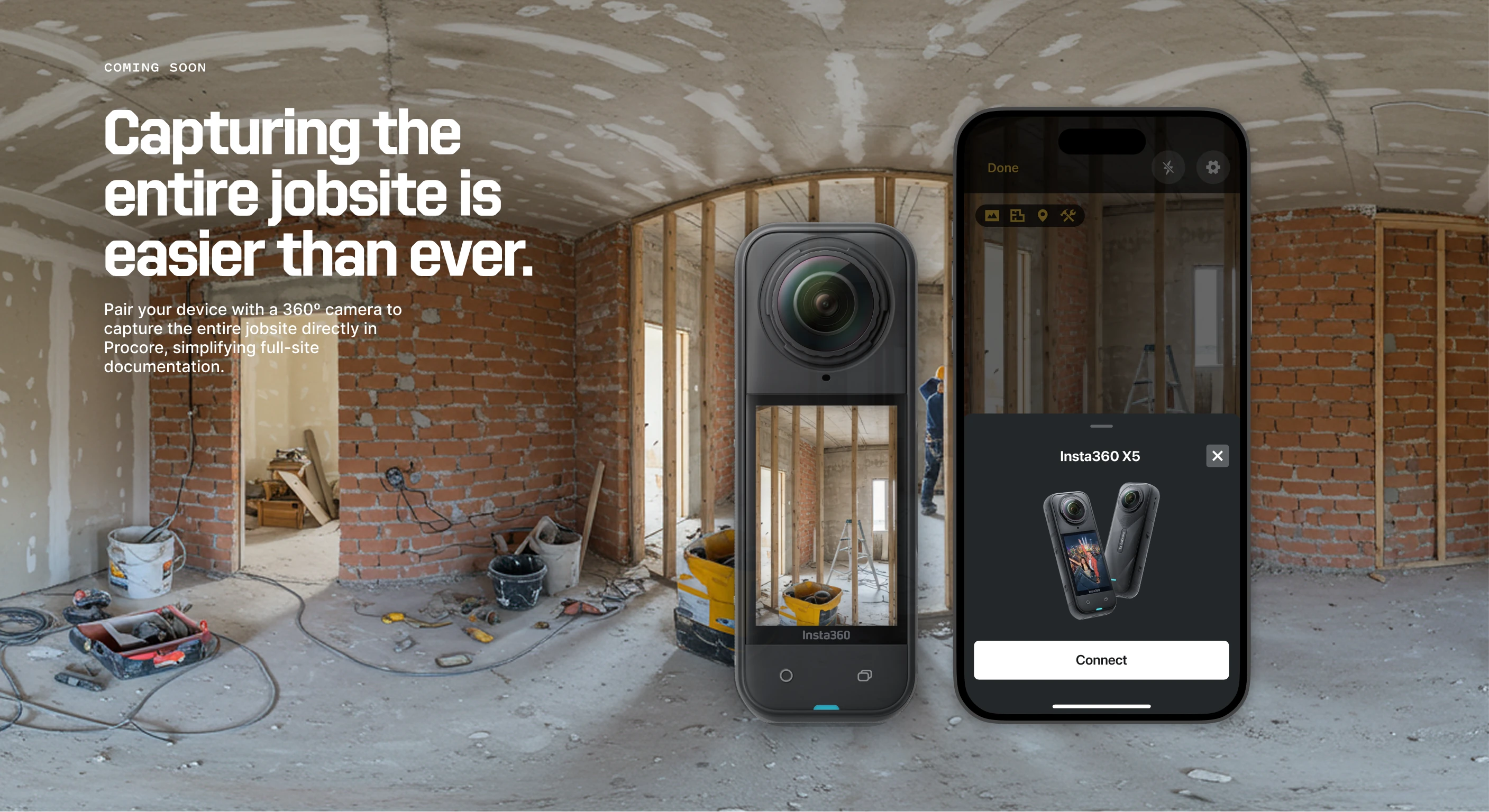 Procore concept for pairing an Insta360 camera to capture a jobsite