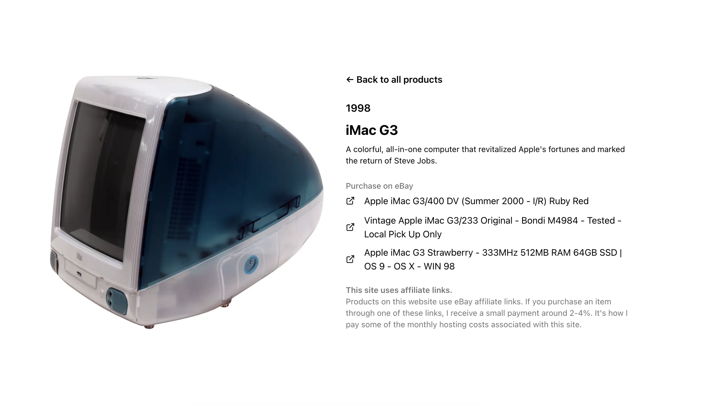 Personal project website cataloging every product Apple has ever made, with ebay links to purchase them (madebyapple.org)