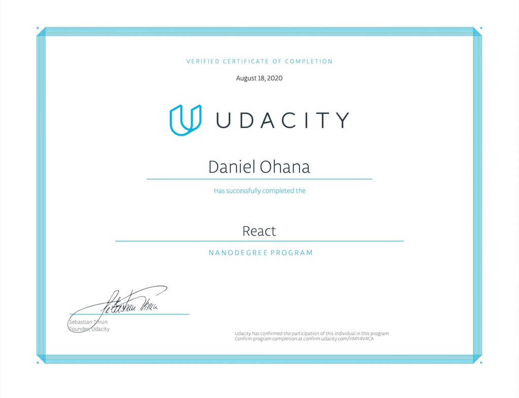 Udacity certificate awarded to Daniel Ohana for completing the React Nanodegree program