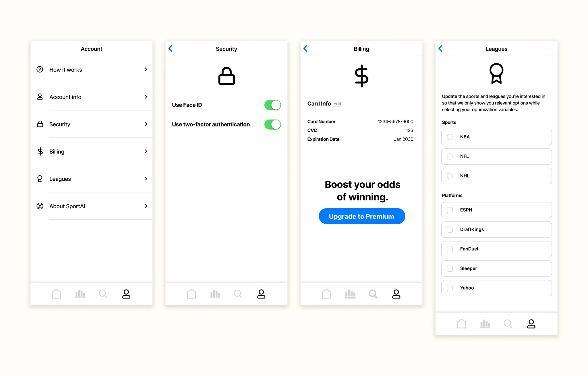 Early SportAI account, settings, and player interface concepts