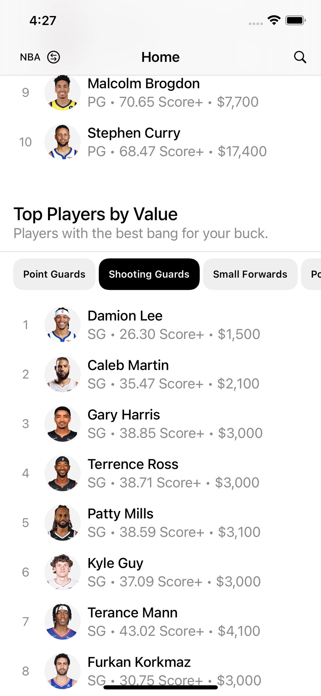 SportAI home screen showing players ranked by Value