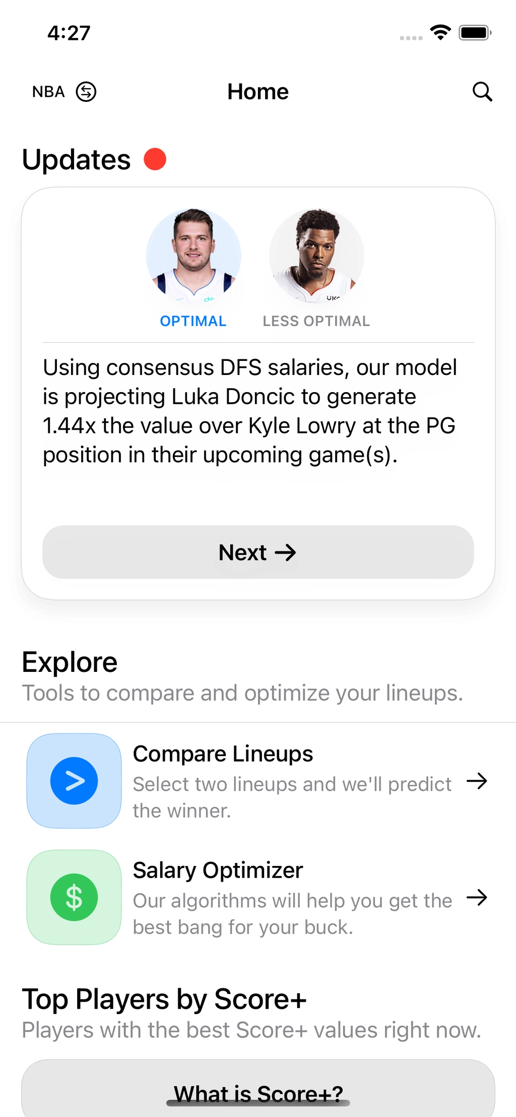 SportAI home screen showing model updates and fantasy tools
