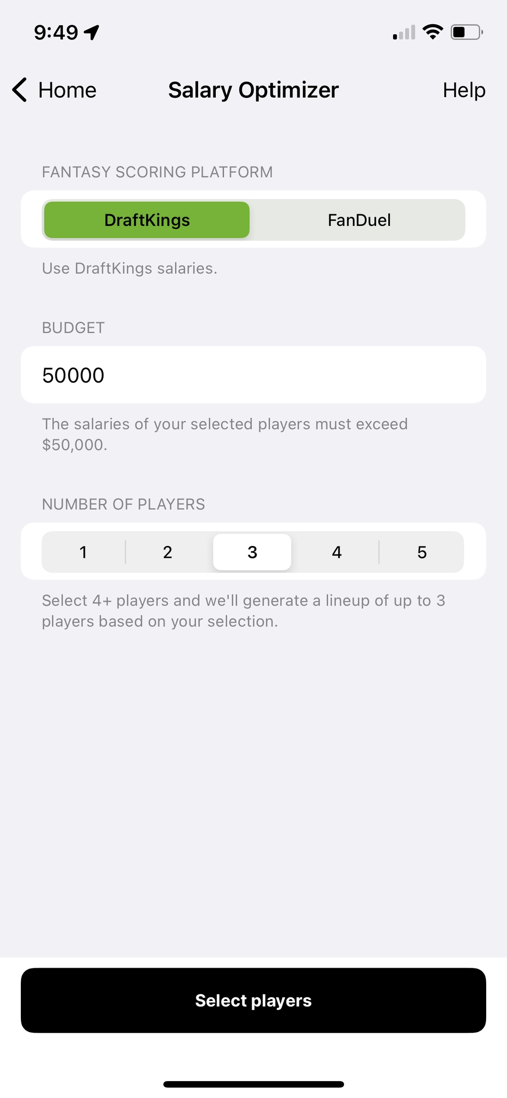 Salary Optimizer menu configured for DraftKings