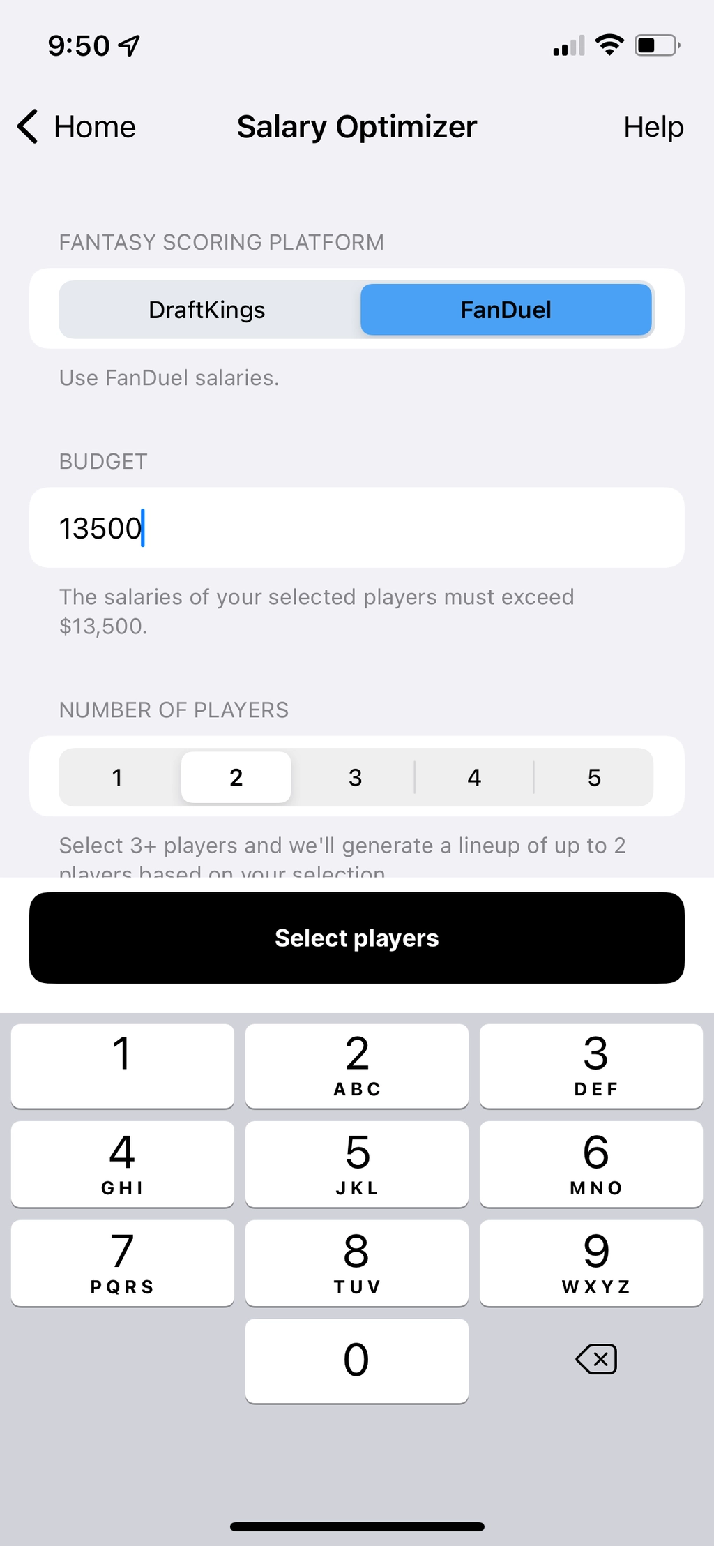 Salary Optimizer budget input with the number keyboard visible