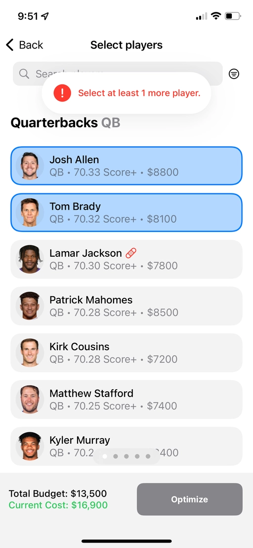 Salary Optimizer player selection showing a toast error