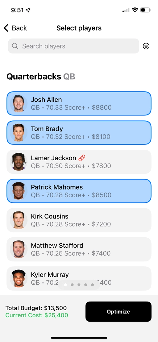 Salary Optimizer player selection ready to optimize